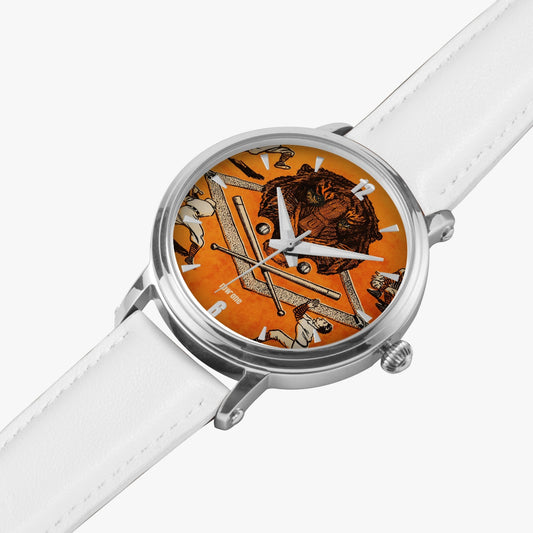A silver-colored Row One brand Tiger Triumph watch with a leather band and an orange dial featuring a vintage tiger design.