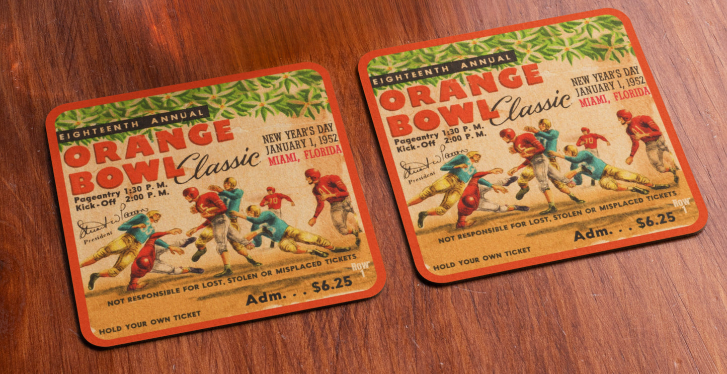 Best Father's Day Sports Gifts in 2024 | Row One Brand Vintage College Football Ticket Drink Coaster Sets | 1952 Orange Bowl Ticket Stub Coasters with Vintage Football Action Graphics