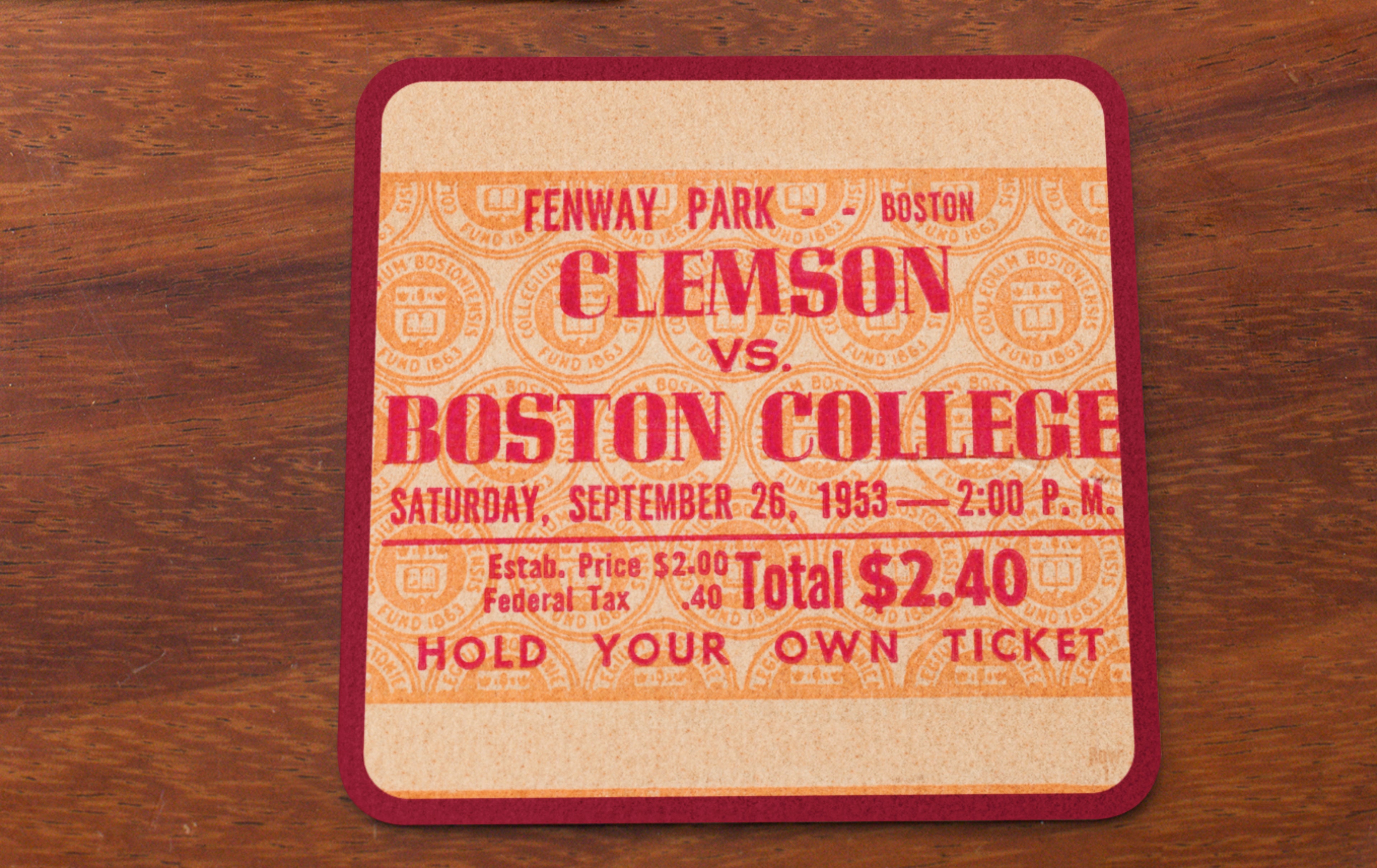 1953 Clemson vs. Boston College Football Ticket Stub Drink Coasters | Game Played at Fenway Park | Row One Brand