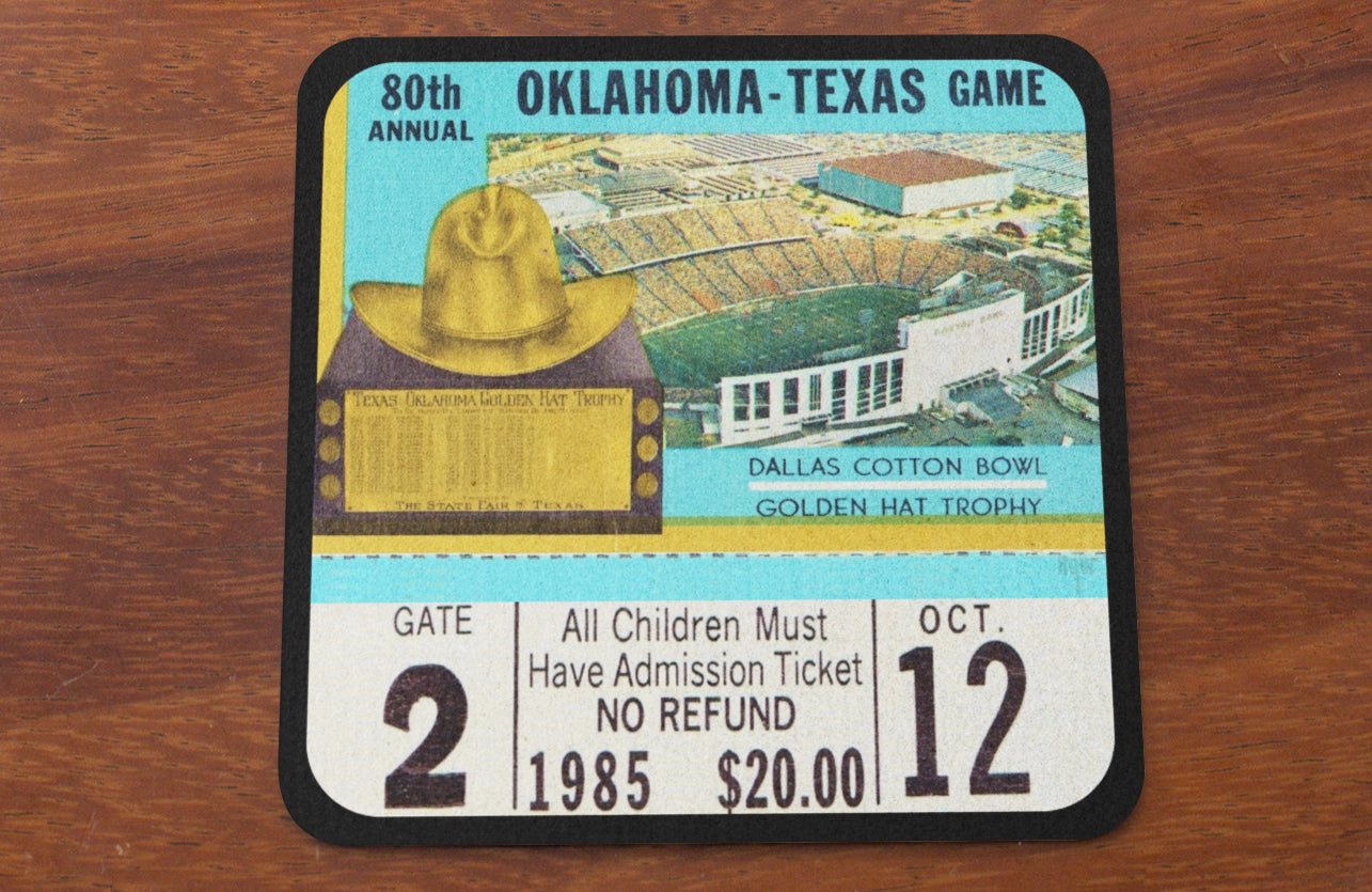 Row One Brand Sports Gifts | 1985 Oklahoma Sooners vs. Texas Longhorns Football Ticket Stub Drink Coasters with Cotton Bowl Stadium and Golden Hat Trophy Graphics | Price of Admission $20