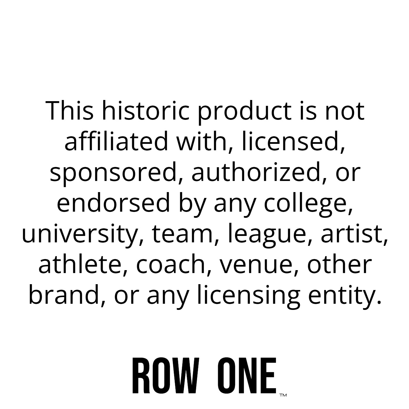 Row One Brand prominent disclaimer stating 1930s football artwork is not licensed, but rather public domain material. Black text on a white background with 'ROW ONE' branding and disclaimer stating the watch is not licensed by any entity. Public domain vintage art was used for the design of the tee's surface graphic.
