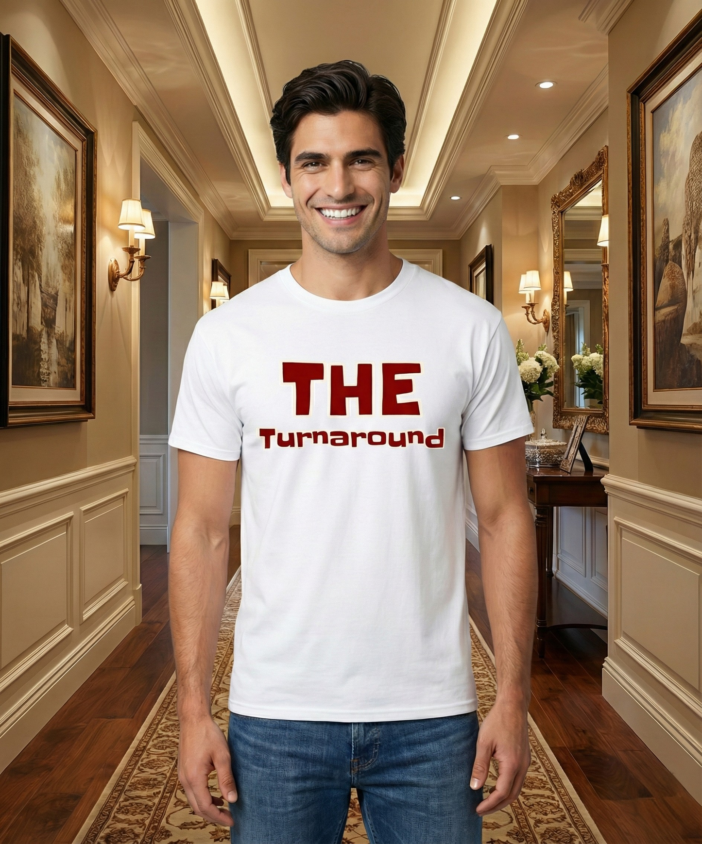 Man wearing a white t-shirt with 'THE Turnaround' text in a hallway.