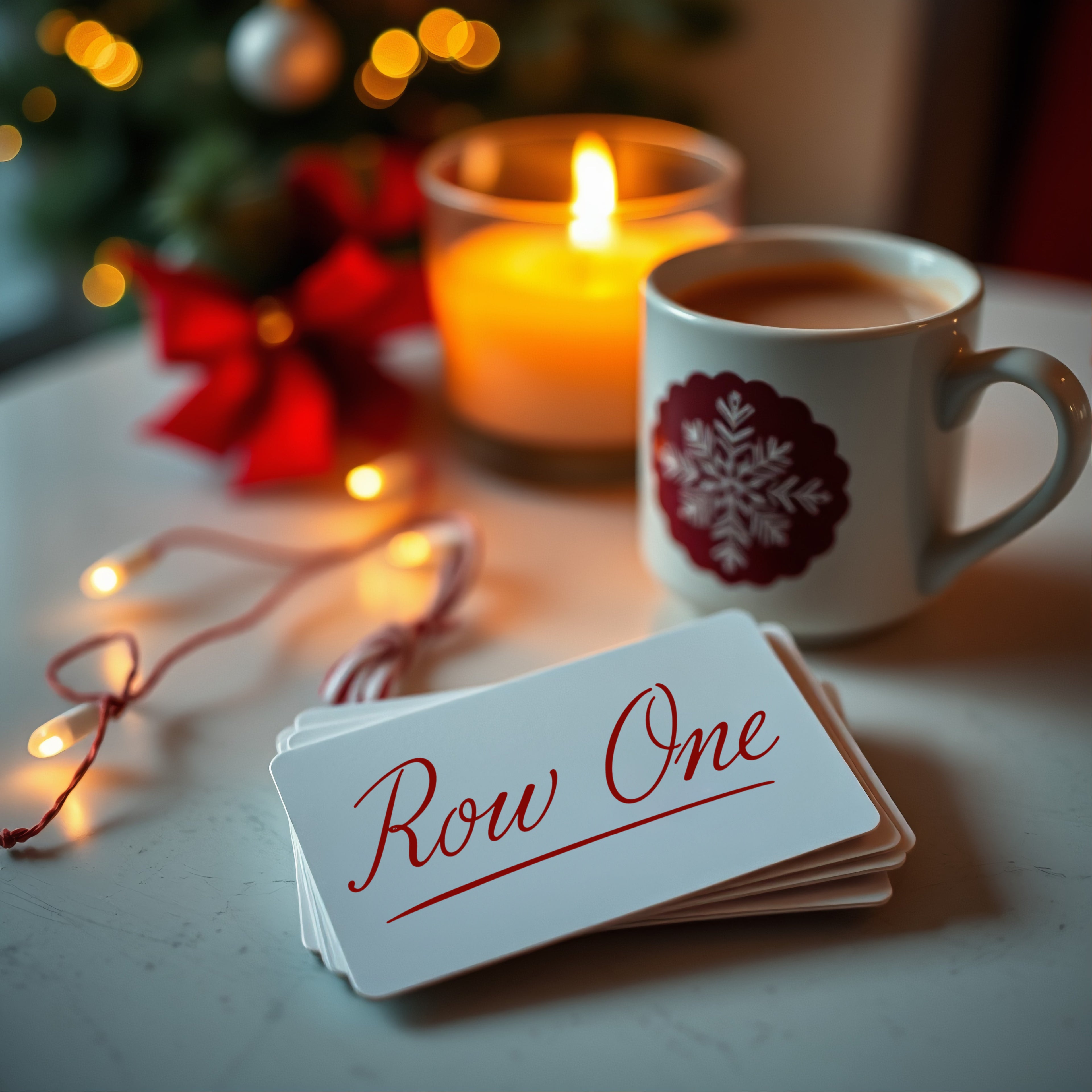 2025 Last Minute Christmas Gift Cards for Sports Fans | Row One Brand | Unique Sports Gifts | Cup of Hot Chocolate Sits on a Table with a Candle and a Stack of Row One Gift Cards