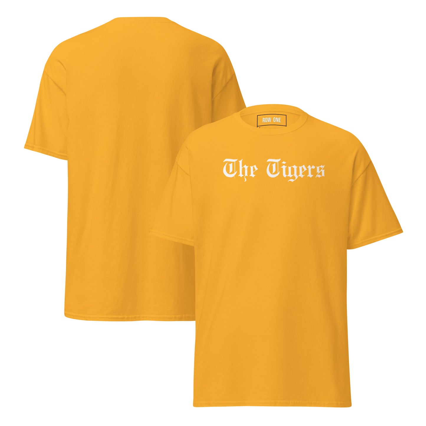 Yellow t-shirt with "The Tigers" on a white background and Row One trademark in label.