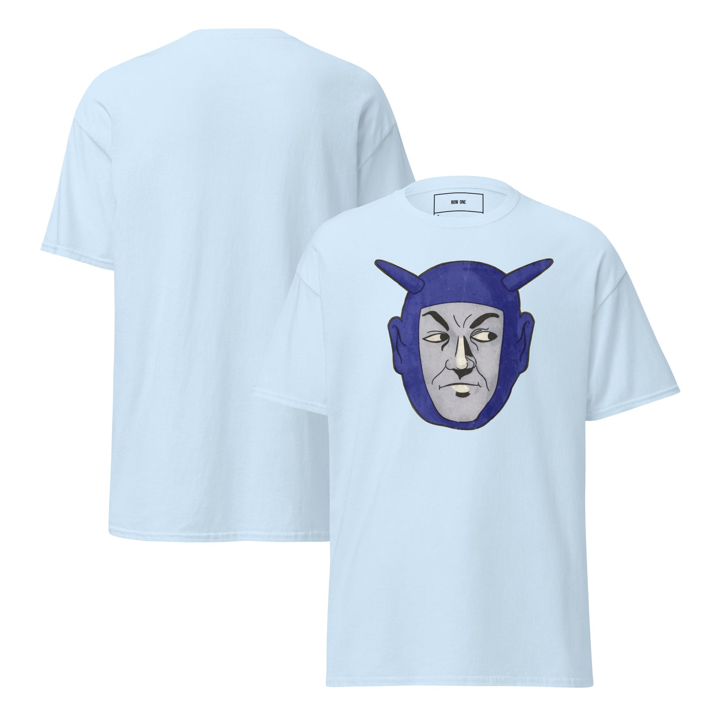A light blue short-sleeve t-shirt shown from both front and back. The front features a graphic print of a stylized face wearing a blue helmet with horns.