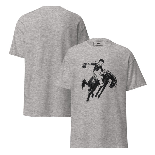 Gray Row One Brand short-sleeve t-shirt shown from both front and back. The front features a black graphic print of a cowboy riding a bucking horse, while the back is solid gray with Row One trademark inside label.