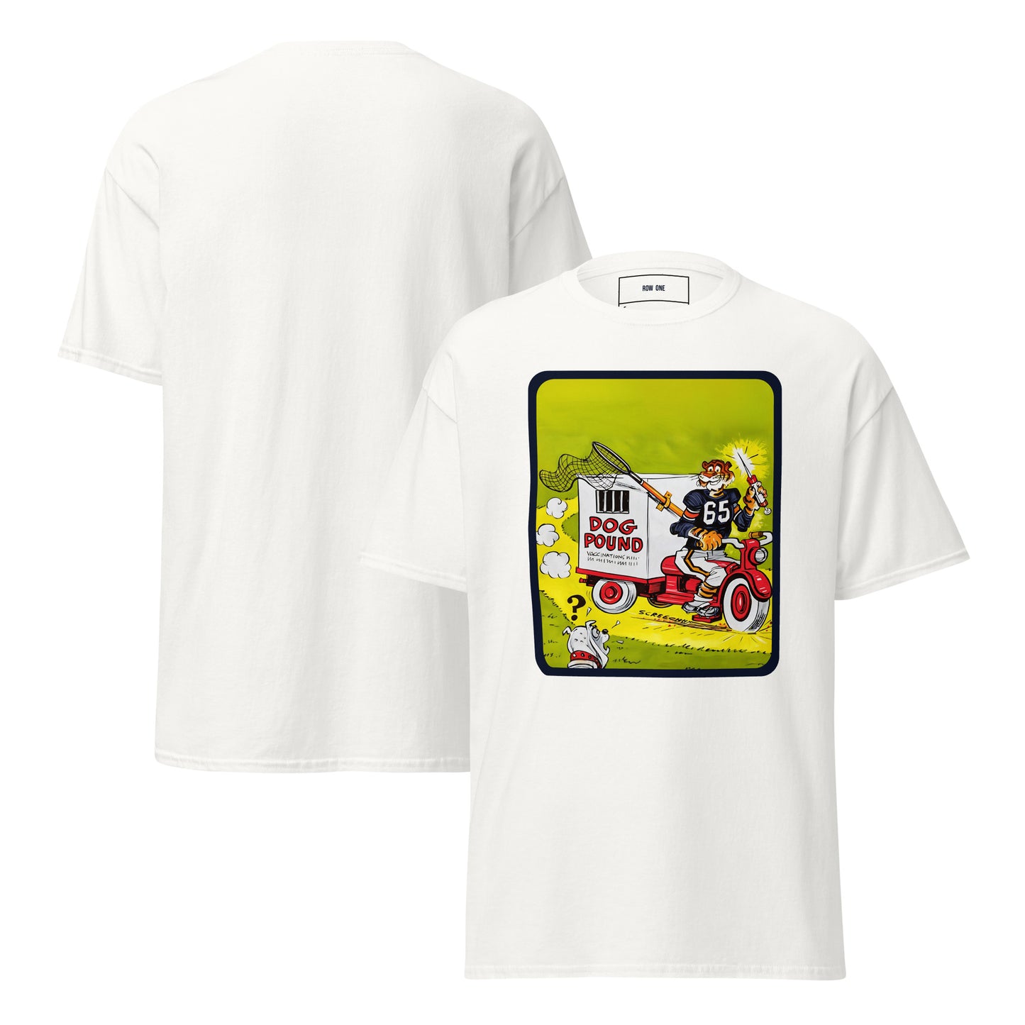 A white Row One Brand vintage college tee short-sleeve t-shirt shown from both front and back. The front features a large square graphic print with Phil Neel Cartoon Art on the chest depicting a tiger with a net riding a vehicle labeled "Dog Pound" and a bulldog with a question mark over his head.