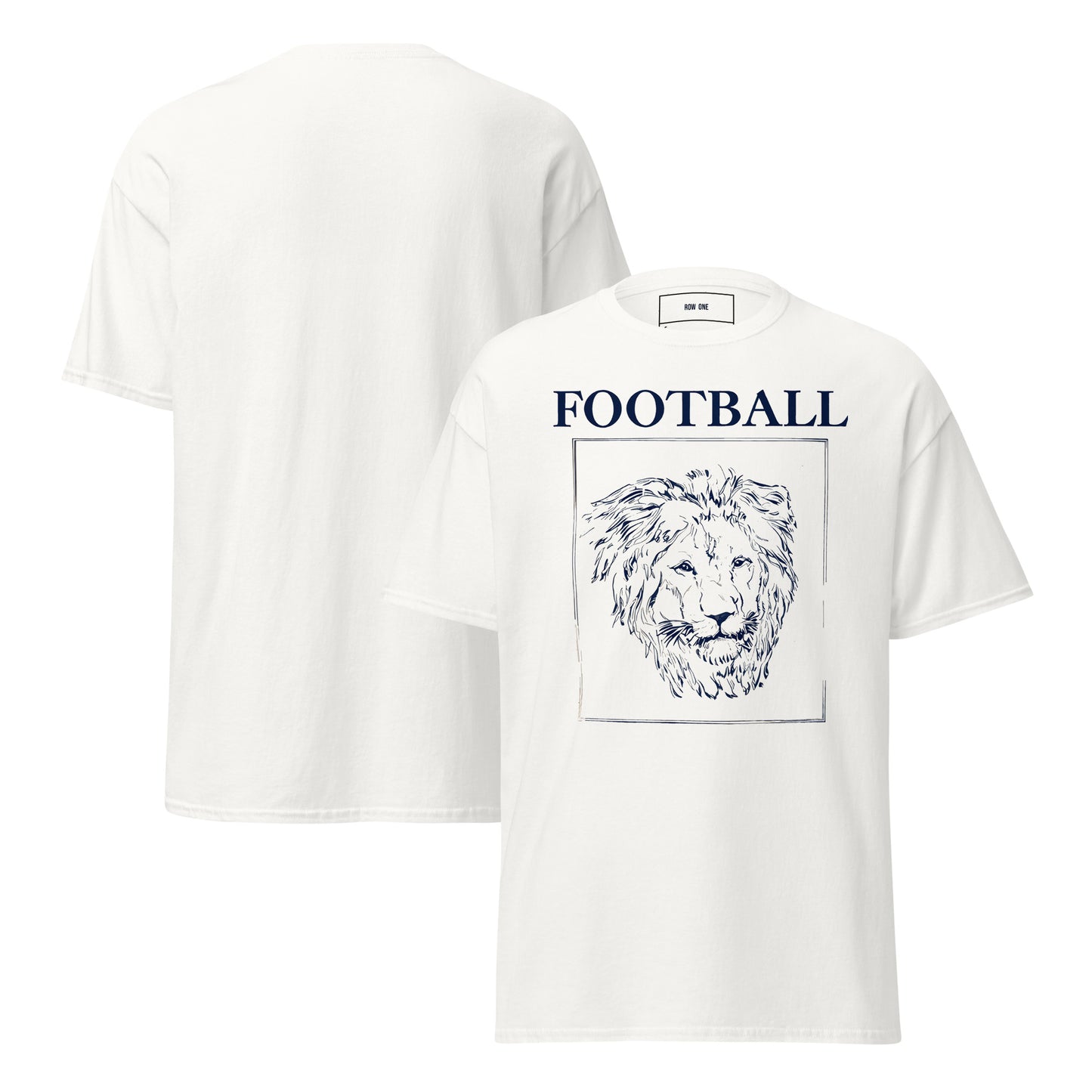 White short-sleeve t-shirt shown from both front and back. The front features a navy blue graphic with the word 'FOOTBALL' above a detailed line art lion head illustration.