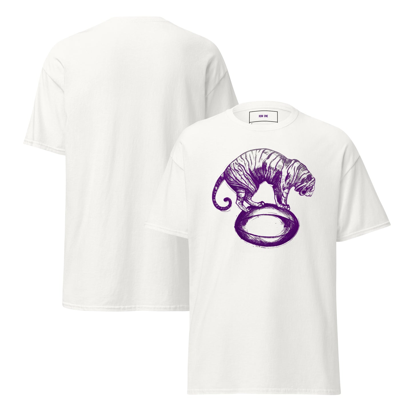 Row One Brand vintage college tee White short-sleeve crewneck t-shirt shown from both front and back. The front features an early 1900s purple line-art graphic of a tiger standing on a football.