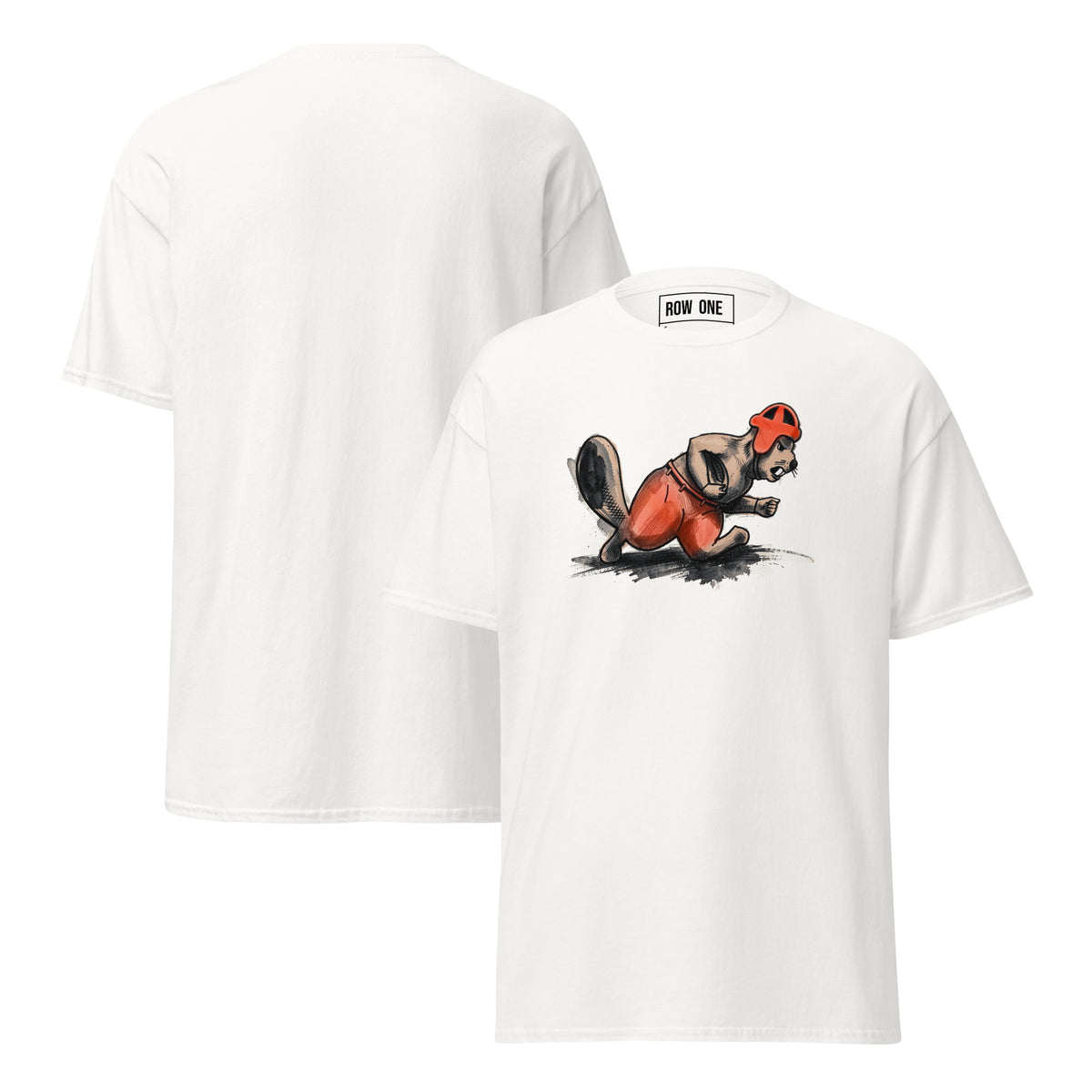 Row One Brand White cotton t-shirt vintage college football tee with 1950s cartoon beaver running back graphics