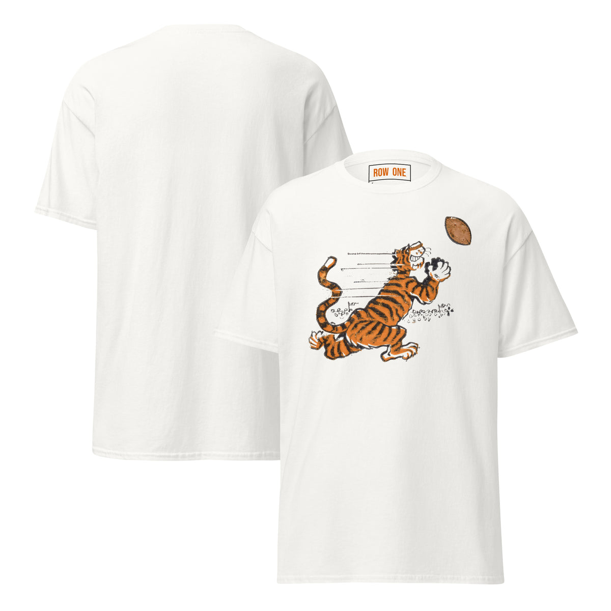A white vintage college football t-shirt shown from both front and back. The front features a cartoon graphic of an orange and black striped tiger catching a brown football, with the words 'ROW ONE' printed on the inside neck label.