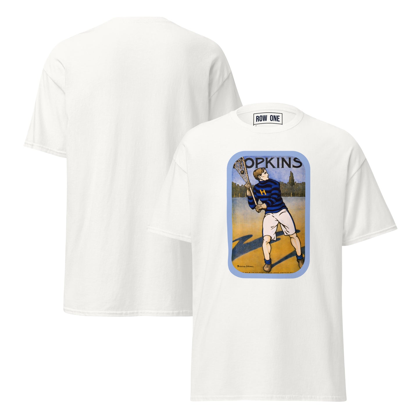 A light blue lacrosse tee short-sleeve t-shirt shown from both front and back. The front features a vintage-style graphic print of a lacrosse player with the text 'OPKINS' above it.