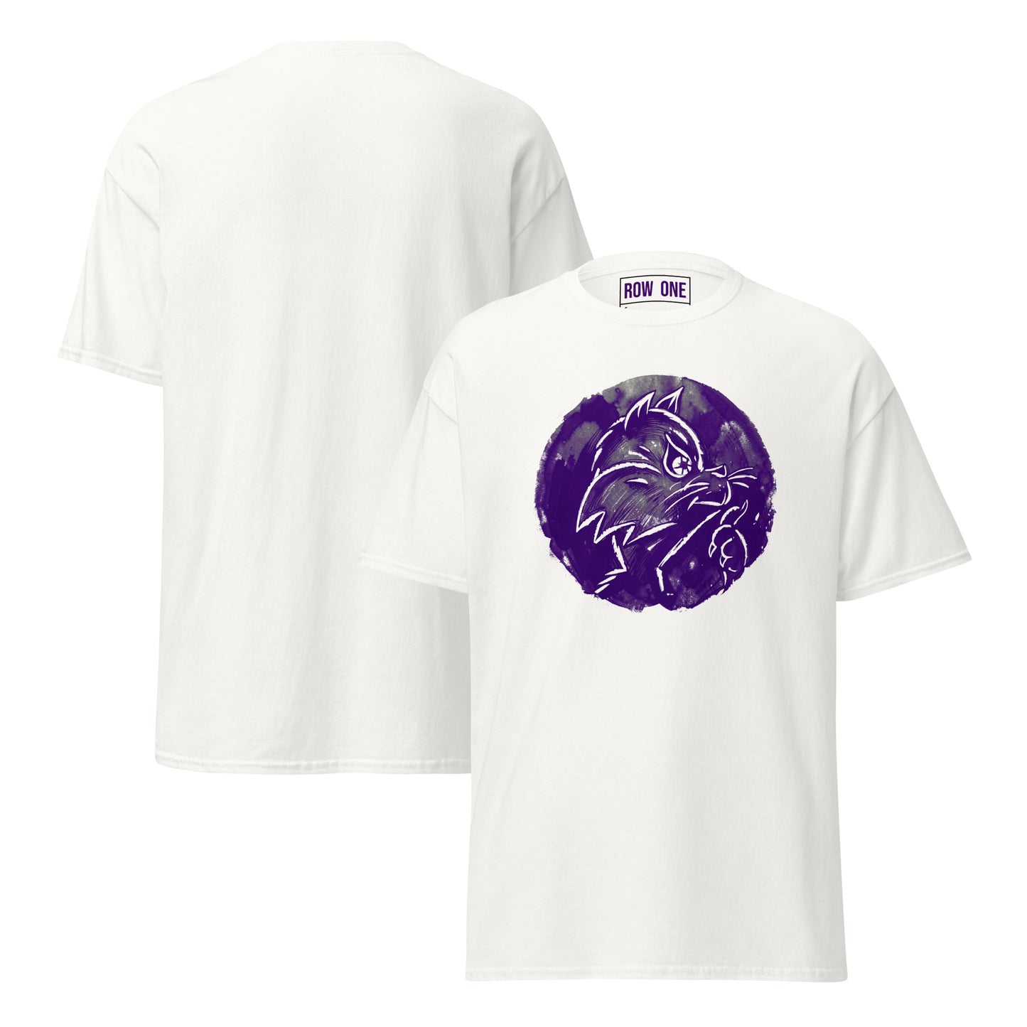 A white short-sleeve t-shirt shown from both front and back. The front features a circular purple graphic of a cat head on the chest, and the back is plain with Row One trademark inside neck label.