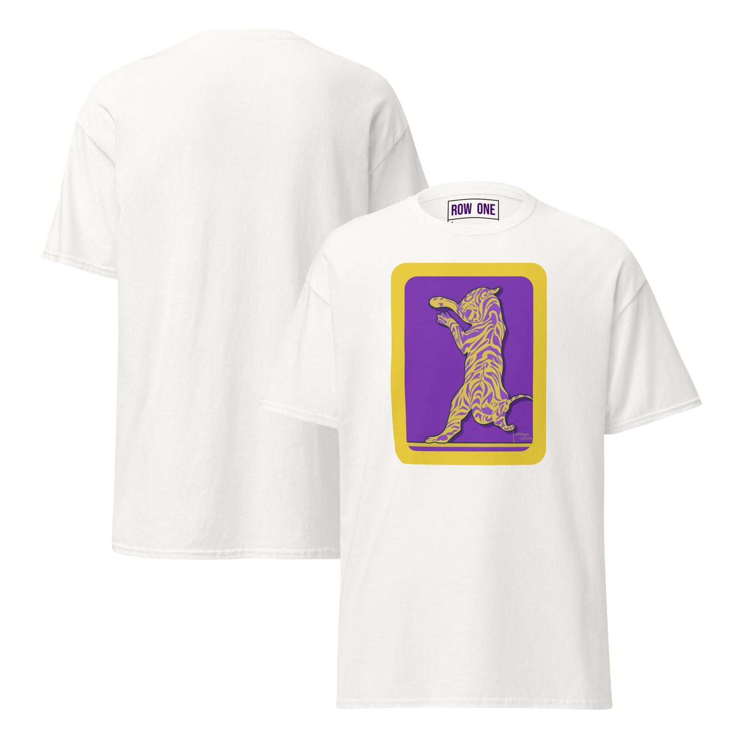White short-sleeve crewneck t-shirt shown from both front and back. The front features a graphic print of a stylized tiger in gold on a purple background with a gold border.