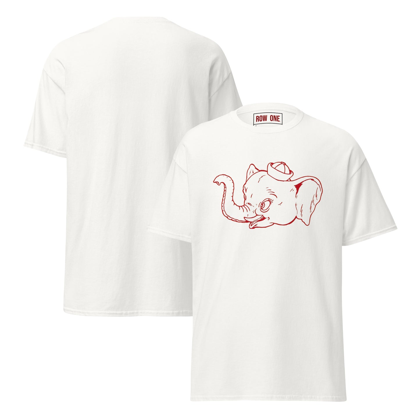 White crewneck t-shirt shown from both front and back. The front features a red line art graphic of a cartoon elephant wearing a small hat.