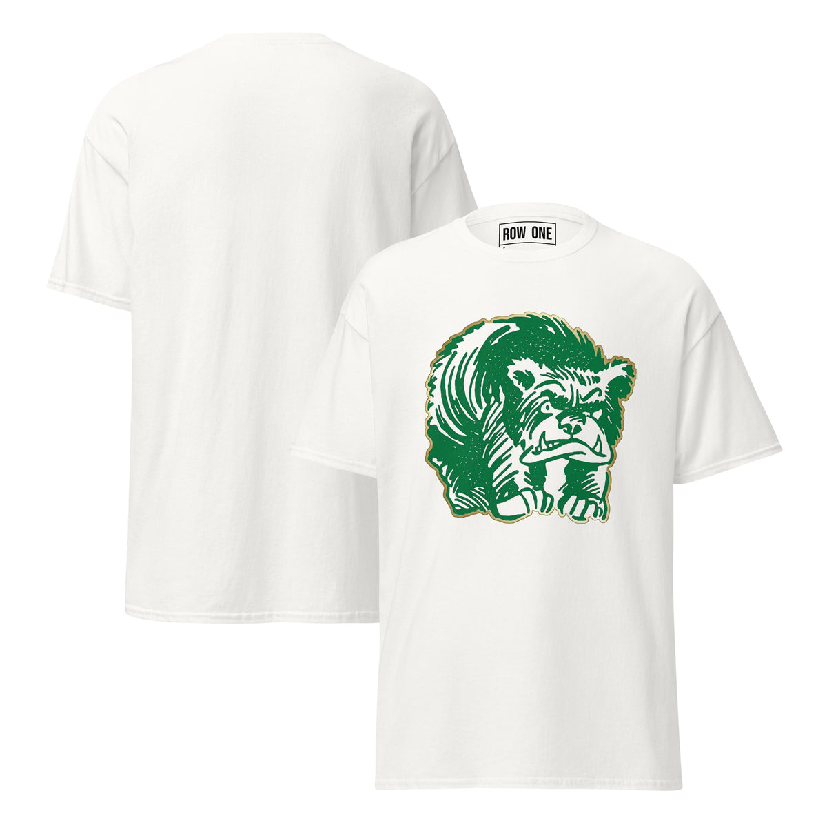 Row One™ trademark inside label tee with front graphic design white t-shirt with a 1950s bear on the chest, shown from front and back views.