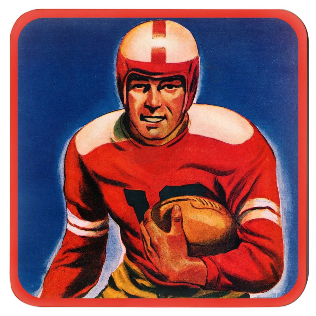 vintage football player art with red football jersey and vintage football helmet drink coaster set