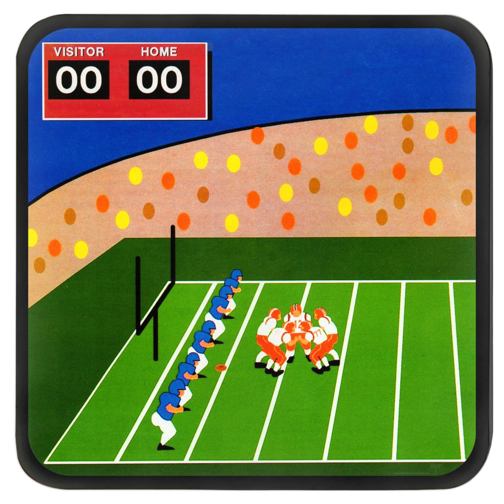 Retro football player video game style art with crowd and scoreboard drink coasters
