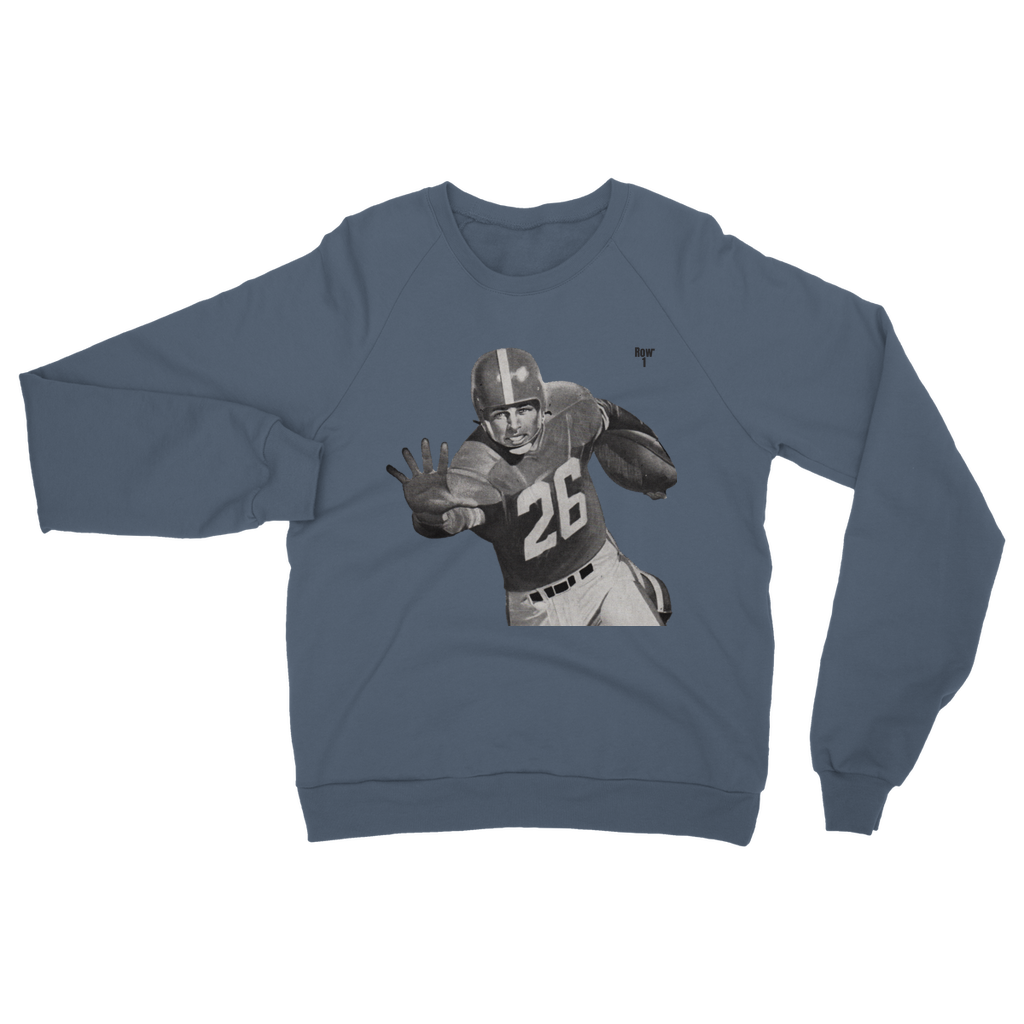 blue sweatshirt with vintage football player graphic