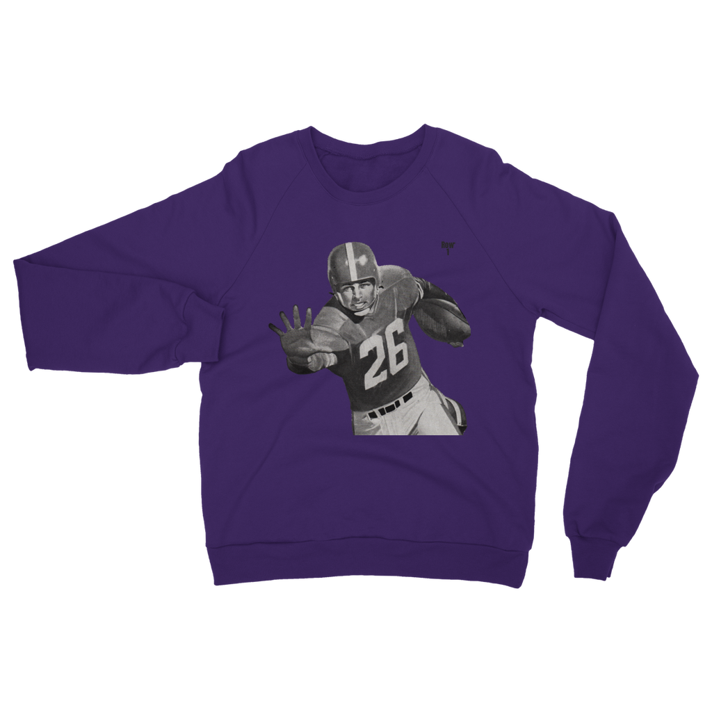 purple sweatshirt with football player graphic