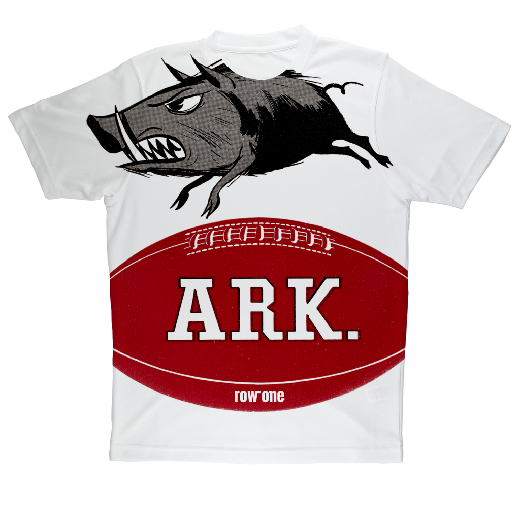 1957 Arkansas Razorback Football Art T-Shirt | Row One Brand Vintage College Tees with Ornamental Graphics Created from Historic College Memorabilia Art