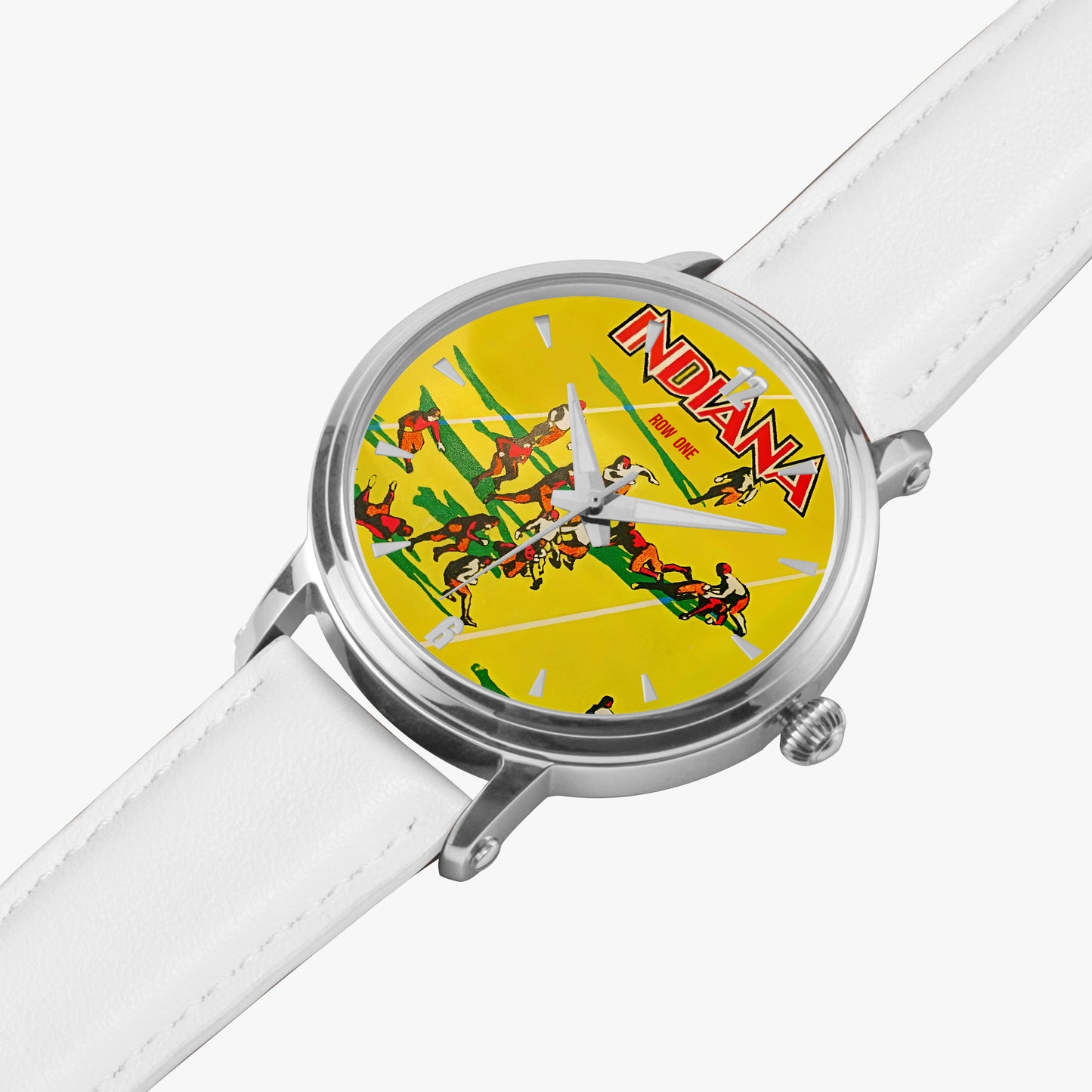 Vintage 1930 Indiana Hoosiers Football Program Cover Art Watch with white leather band up close