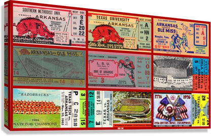 Row One Brand vintage Arkansas football ticket collage print with Row One trademark at bottom of rectangular canvas wall art print featuring a collage of vintage Arkansas football ticket designs and scores in red, blue, green, yellow, black, and white.