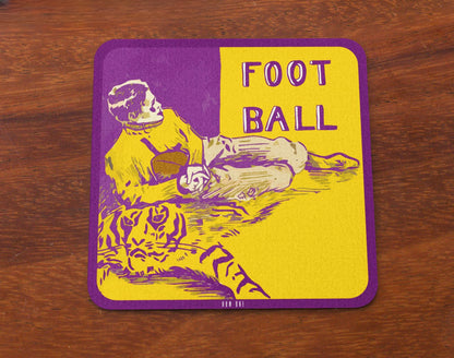Row One Brand Vintage 1909 LSU Tigers football art birch wood drink coasters with football-themed illustration on a wooden surface