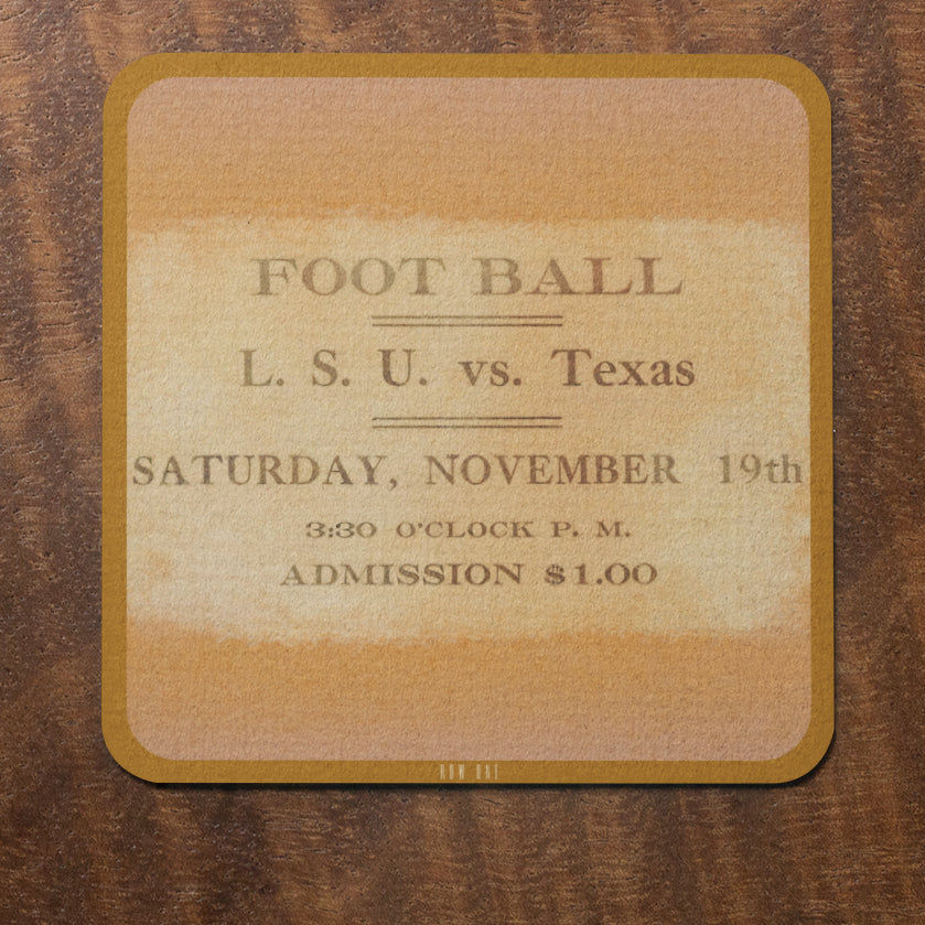Vintage-style ticket from 1910 college football season for LSU vs Texas football game on a wooden background