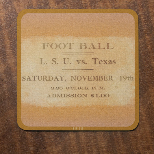 Vintage-style ticket from 1910 college football season for LSU vs Texas football game on a wooden background