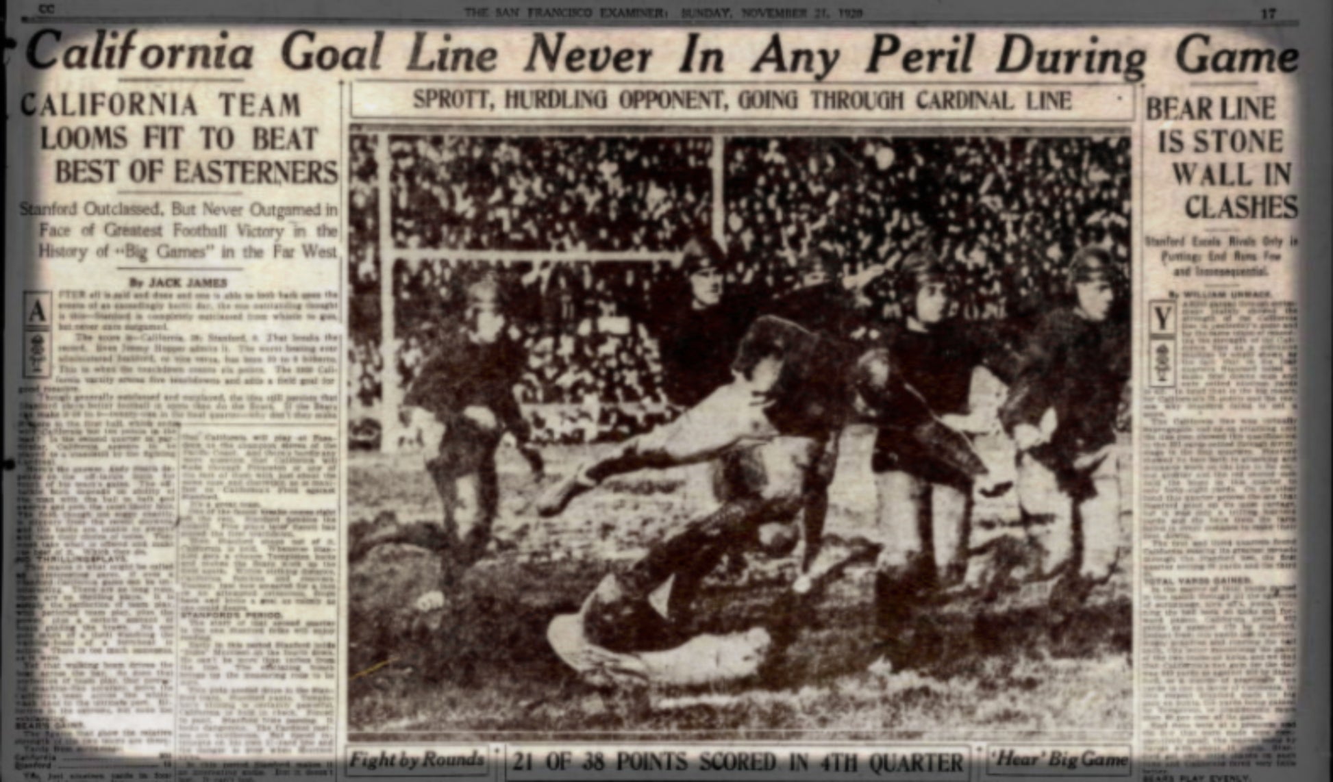 1920 Big Game Newspaper | Sports Section Headline | California Goal Line Never in Any Peril During Game