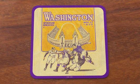 Row One Brand Vintage 1920 football art coaster for Washington Stadium Opening with football players on a wooden surface