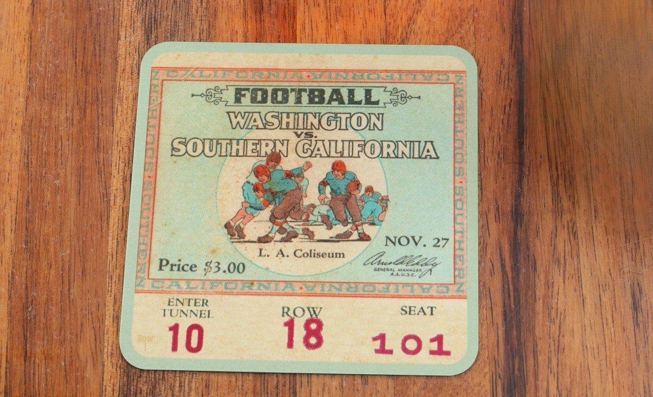 Row One Brand Vintage USC vs. Washington Football Ticket Drink Coasters | Unique College Football Gifts | Vintage Graphics Showing Gridiron Action