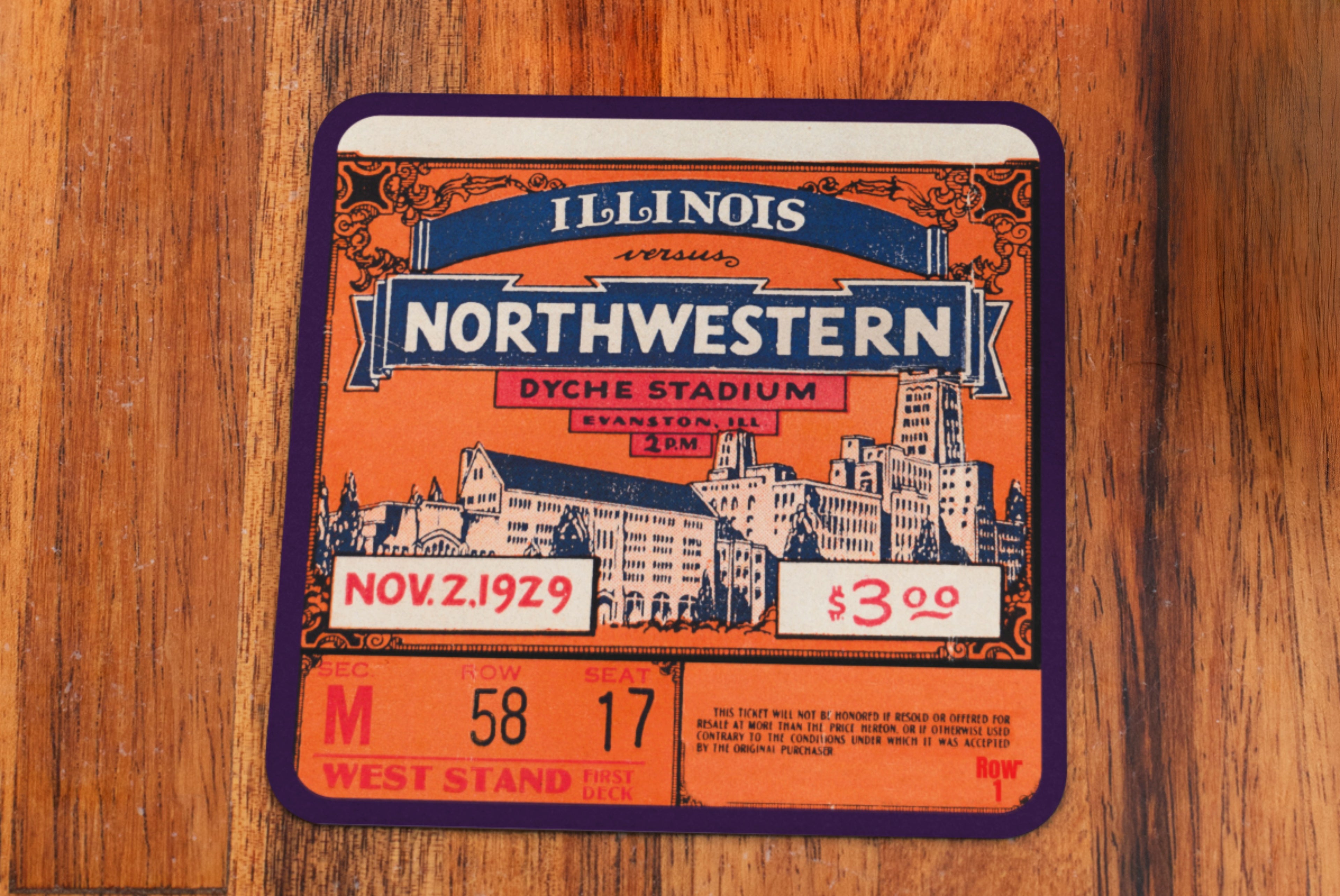 1929 Northwestern vs. Illinois Football Ticket Coasters | Row One Brand Vintage Sports Gifts