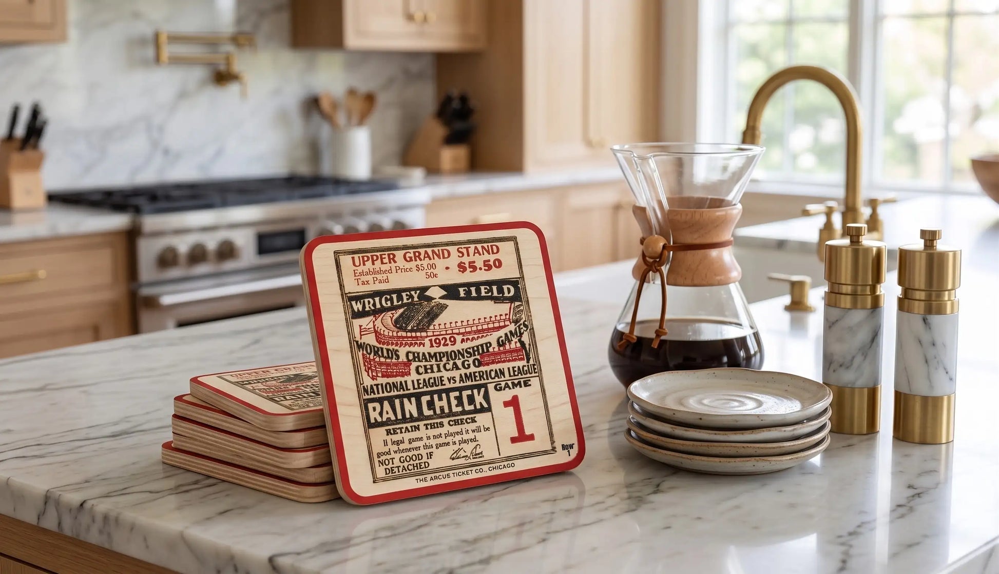 A stack of Row One Brand square coasters with 1929 World Series baseball ticket stub red and cream designs is displayed on a marble kitchen island next to a coffee maker and gold-toned kitchen accessories.