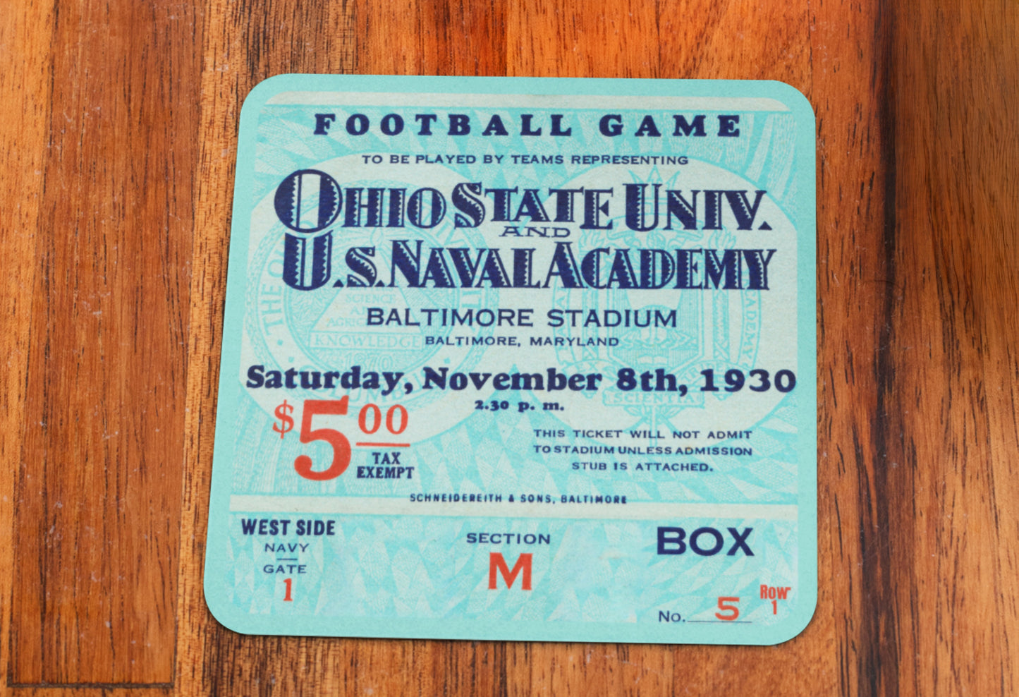 1930 Ohio State vs. Navy Football Ticket Coasters