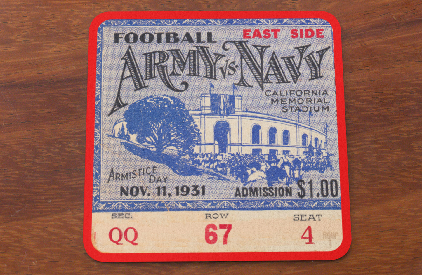 1931 Army vs, Navy Football Ticket Stub Drink Coasters