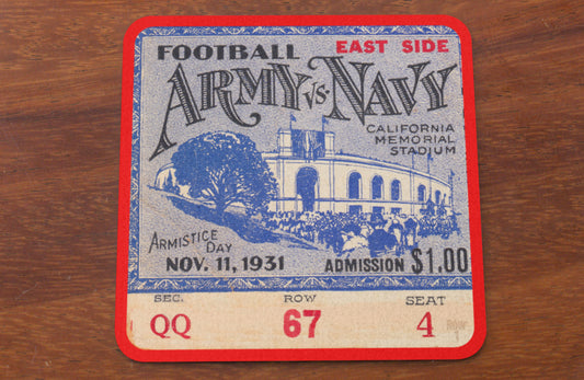 1931 Army vs, Navy Football Ticket Stub Drink Coasters