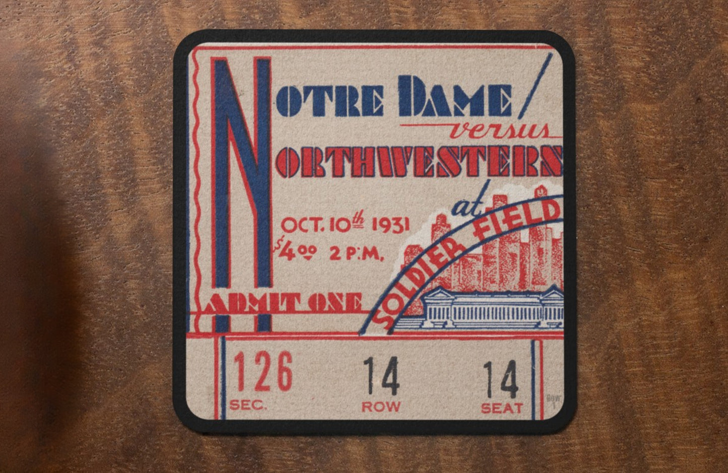 1931 Northwestern Wildcats vs. Notre Dame Fighting Irish Football Ticket Stub Drink Coasters with Soldier Field Graphics | Row One Brand Vintage Sports Gifts