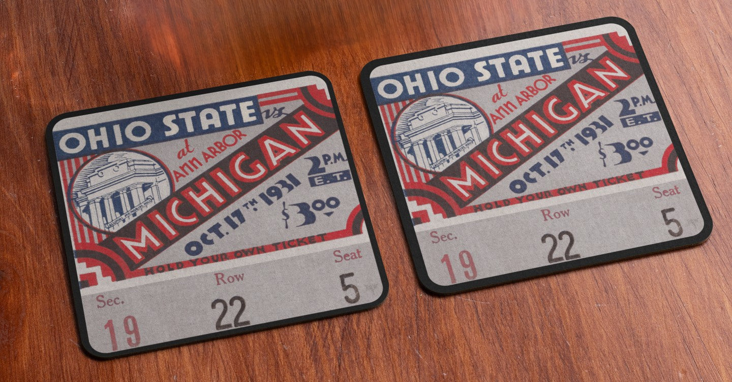 1931 Michigan Wolverines vs. Ohio State Buckeyes Football Ticket Drink Coasters With Vintage Architecture Graphics | Row One Brand Vintage Sports Gifts | Cool Father's Day Gift Ideas in 2024