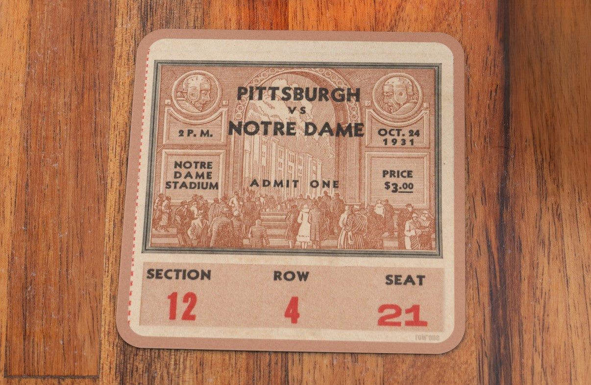 1931 Notre Dame vs. Pittsburgh Panthers Football Ticket Coasters with Vintage Stadium and Fans Graphics | Row One Brand Vintage College Football Gifts