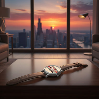 Row One Brand Vintage 1934 Chicago Cubs Watch on a table with a cityscape view at sunset