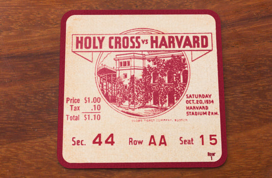 Vintage College Football Ticket Drink Coaster Sets: 1934 Harvard vs. Holy Cross with campus artwork, price of admission was $1.10