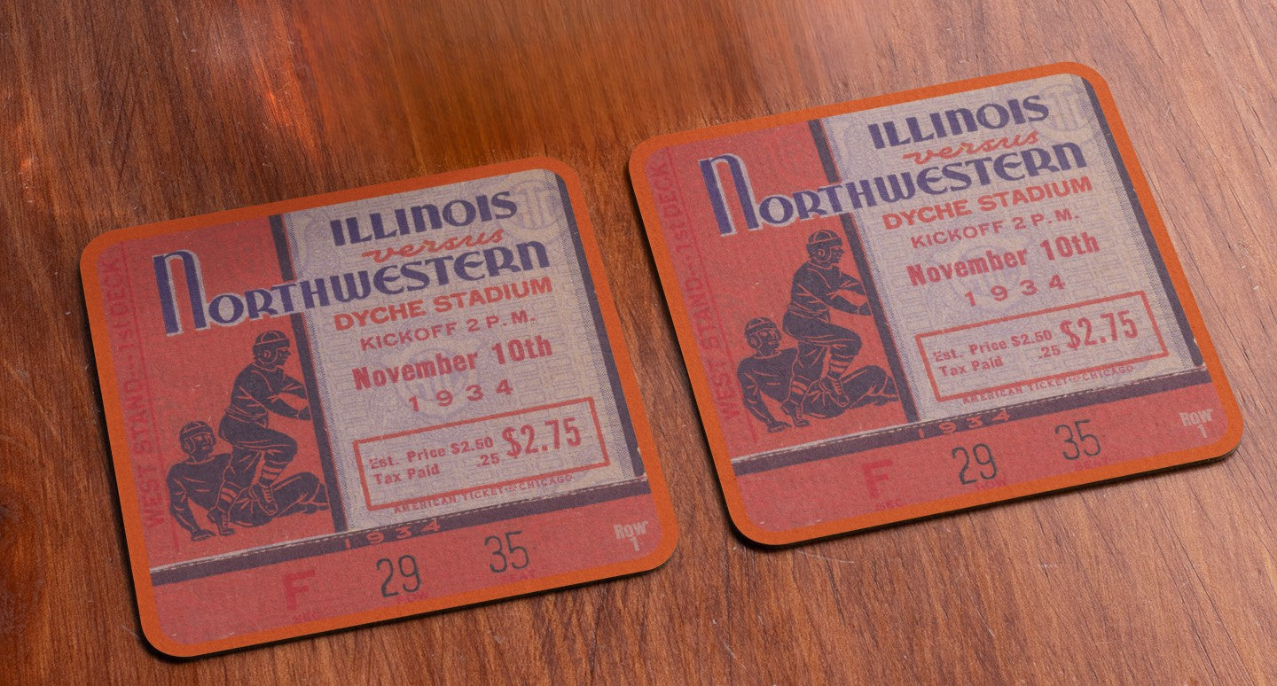 1934 Northwestern vs. Illinois Football Ticket Drink Coasters | Row One Brand | Unique Sports Gifts for Fans That Love Sports History