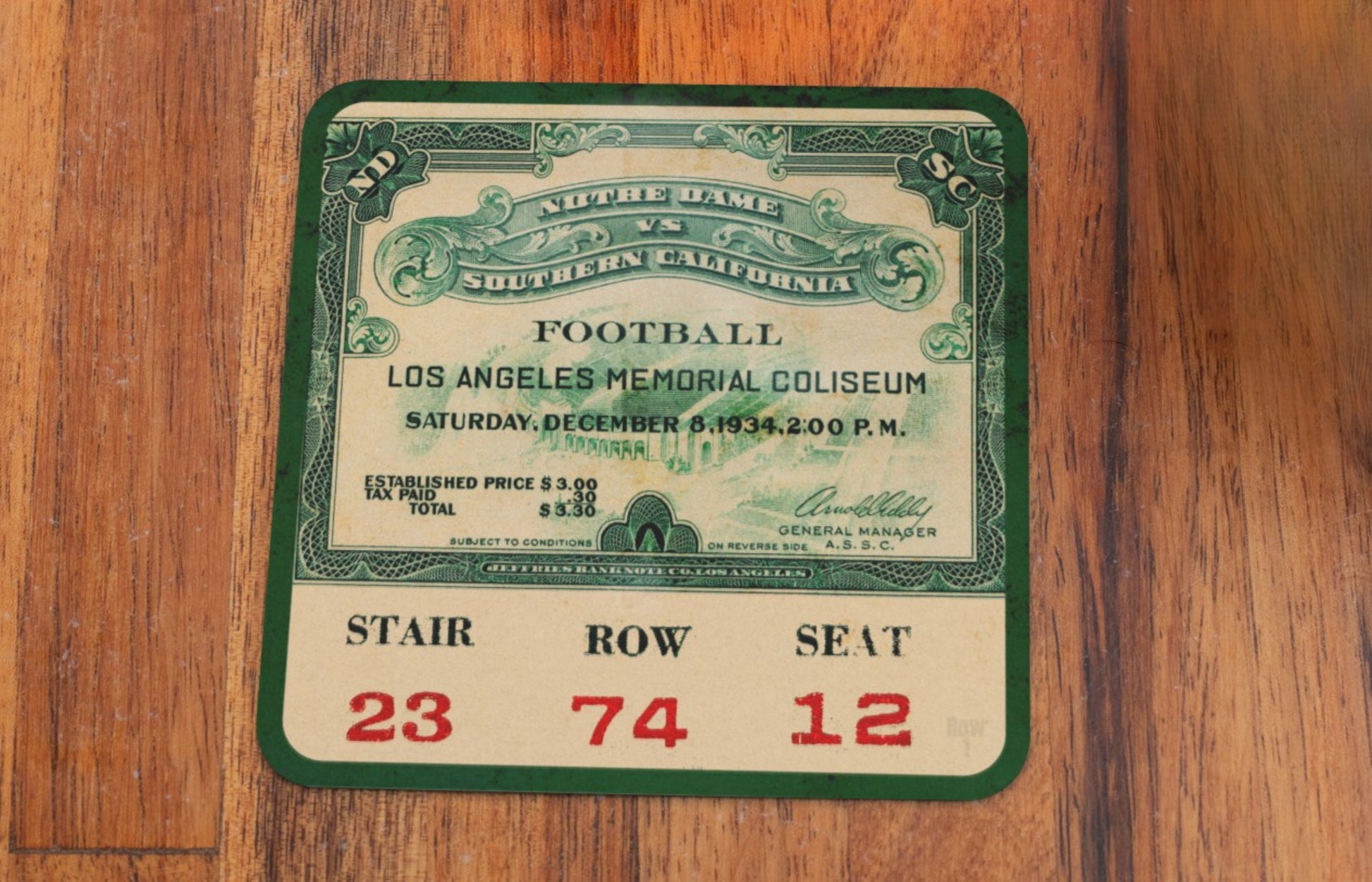 1934 USC Trojans vs. Notre Dame Fighting Irish Football Ticket Drink Coasters | Row One Brand Sports Gifts Under $50