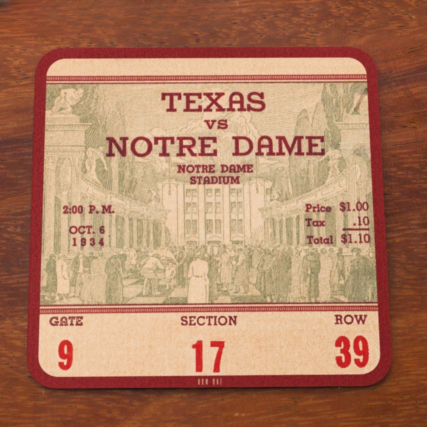 Vintage-style ticket for Texas vs Notre Dame game at Notre Dame Stadium on a wooden surface