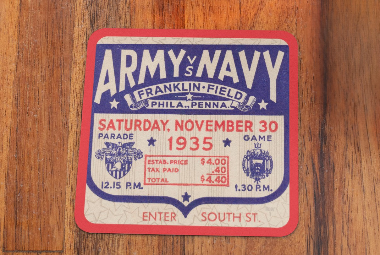 College Football Ticket Drink Coaster Sets | Row One Brand Vintage Ticket 1935 Army Navy Coasters with Star Shield Graphics