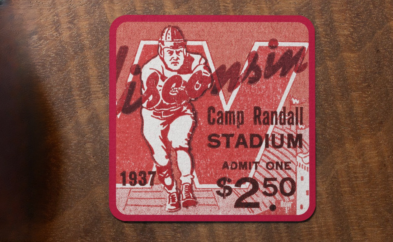 1937 Wisconsin Badgers Football Ticket Birch Wood Drink Coasters with Vintage Running Back Graphics