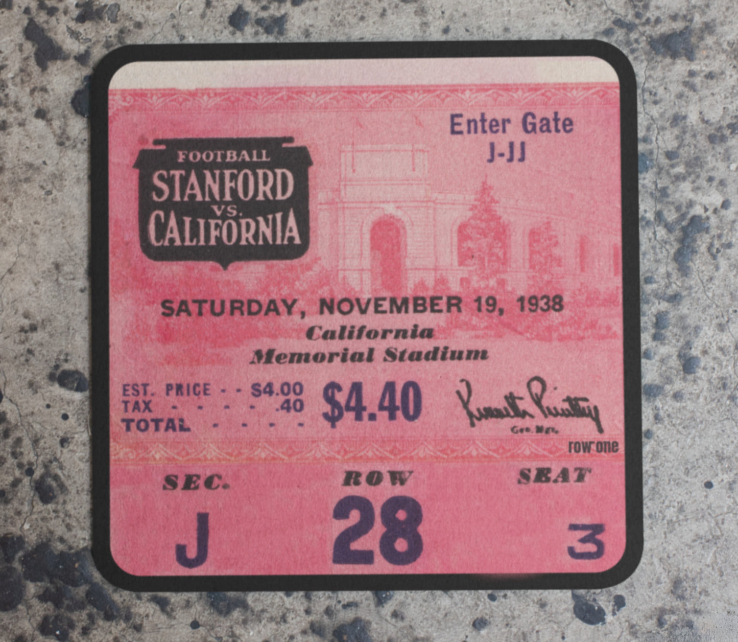 1938 California vs. Stanford Football Ticket Drink Coasters