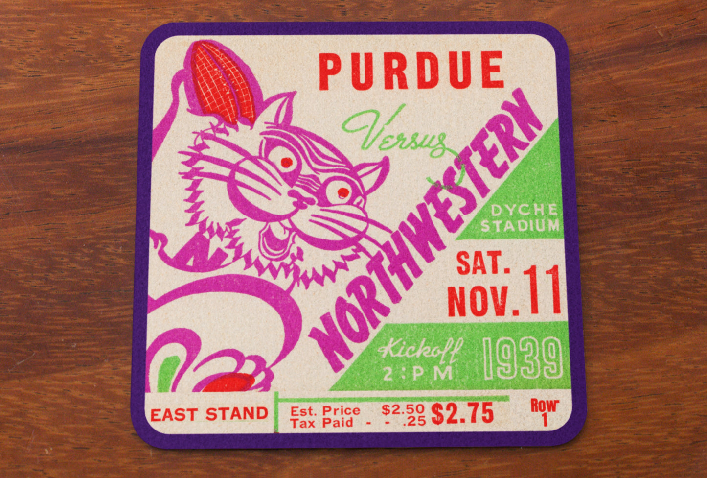 1939 Purdue vs. Northwestern Football Ticket Drink Coasters